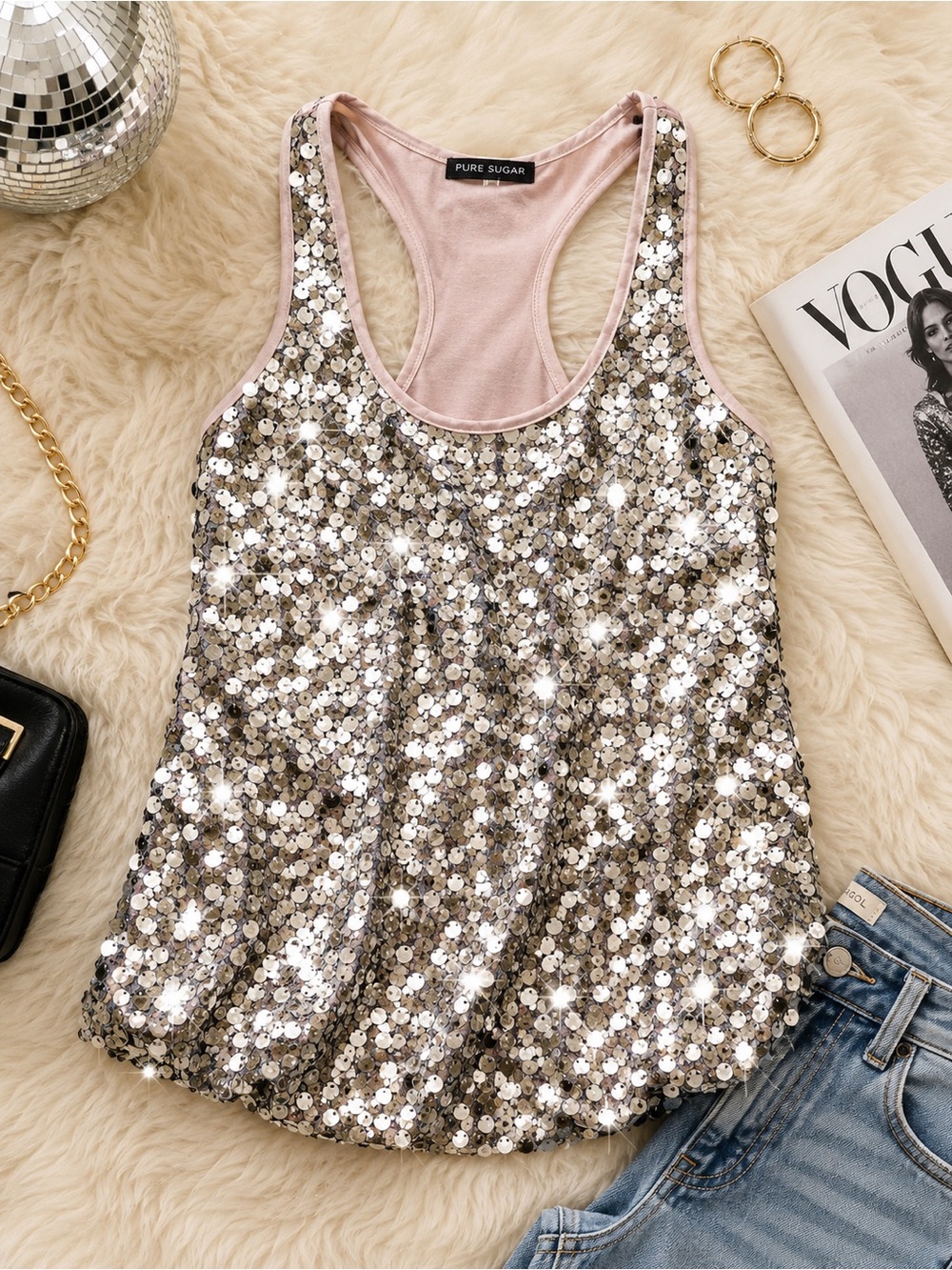 Pure Sugar Sequin Racerback Tank Top Silver Metallic Y2K Festive Party